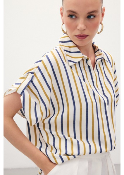 Keten Karışımlı Çizgili Gömlek - Lacivert