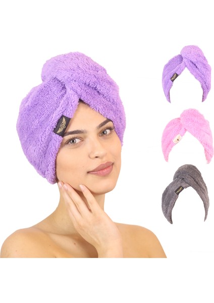 3'lü Paket Mikrofiber Saç Havlusu – 2 Düğmeli Saç Kurutma Bonesi – Baş Havlusu