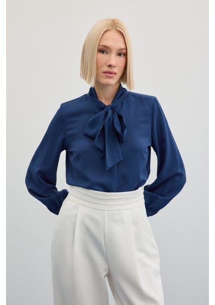 Yakası Bağlamalı Düz Gömlek - Indigo modelleri