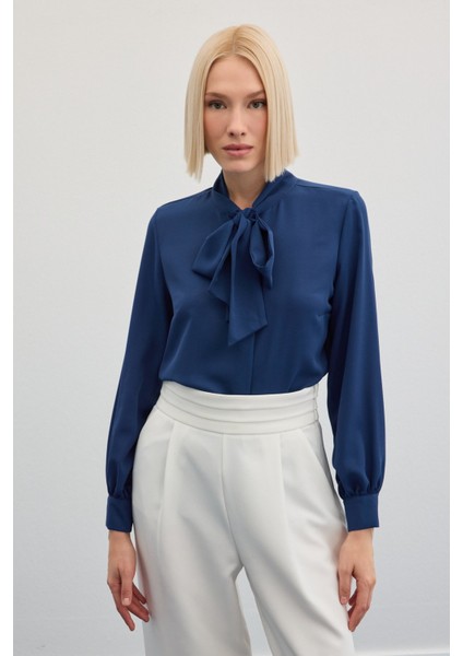 Yakası Bağlamalı Düz Gömlek - Indigo indirimleri