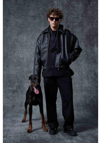 Erkek Boxy Fit Deri Ceket Siyah