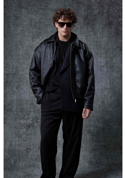 Erkek Boxy Fit Deri Ceket Siyah fiyatları