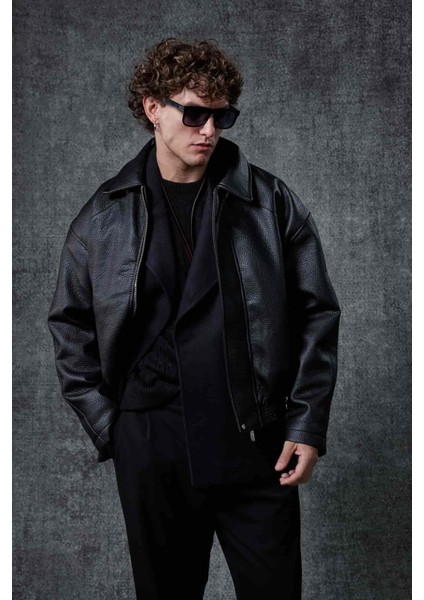 Erkek Boxy Fit Deri Ceket Siyah modelleri