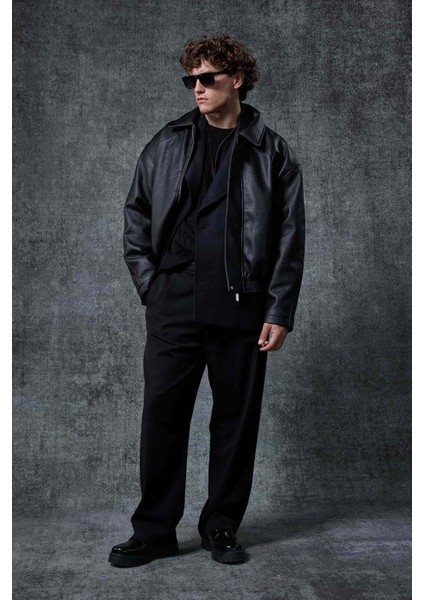 Erkek Boxy Fit Deri Ceket Siyah fırsatları