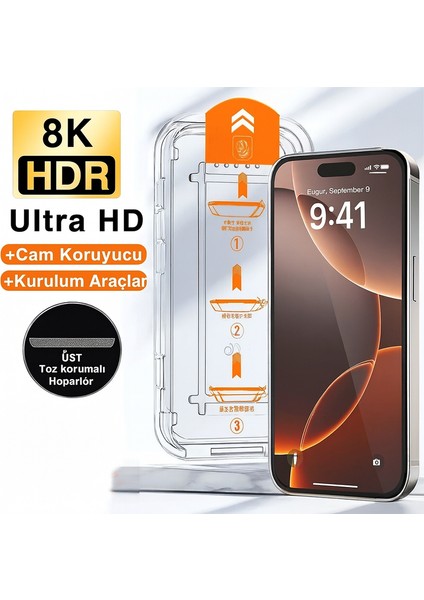 Iphone 16 Pro Max Şeffaf Kendinden Aparatlı Cam Kolay Takma 360 Tam Kaplama Ekstra Darbe Koruyucu modelleri