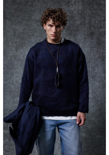 Erkek Yünlü Relax Fit Triko Kazak Lacivert