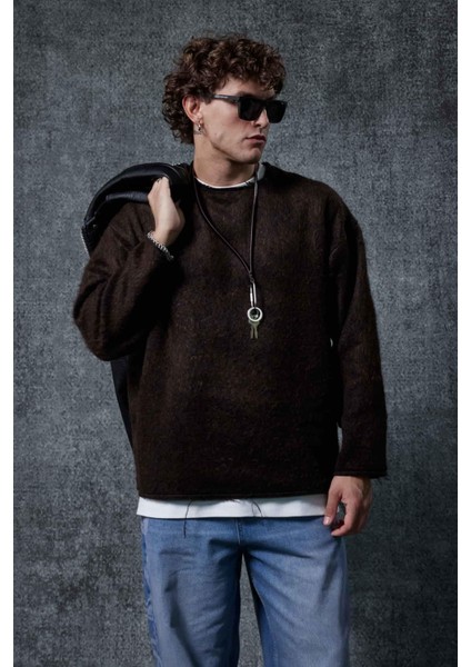 Erkek Yünlü Relax Fit Triko Kazak Kahverengi