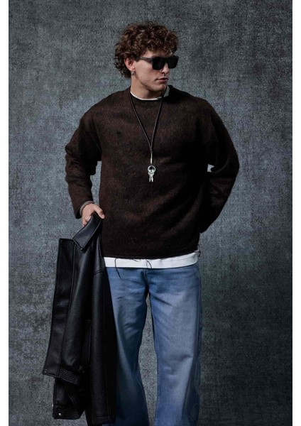 Erkek Yünlü Relax Fit Triko Kazak Kahverengi fiyatları