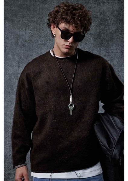 Erkek Yünlü Relax Fit Triko Kazak Kahverengi modelleri