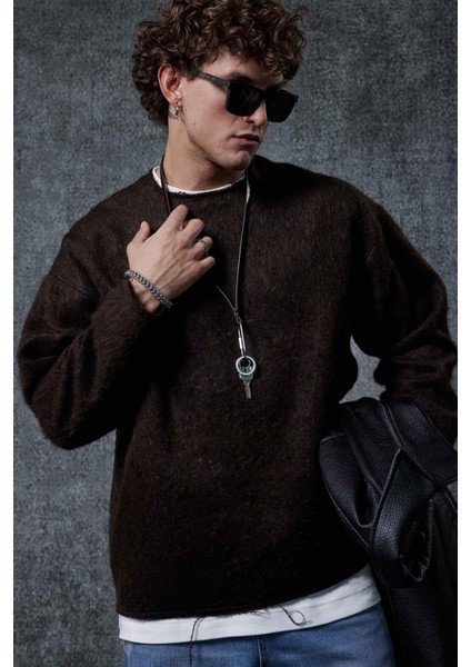 Erkek Yünlü Relax Fit Triko Kazak Kahverengi indirimleri