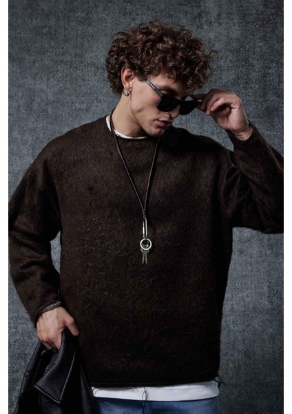 Erkek Yünlü Relax Fit Triko Kazak Kahverengi