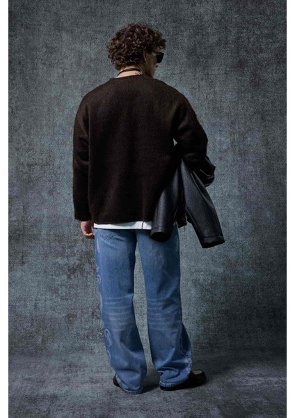 Erkek Yünlü Relax Fit Triko Kazak Kahverengi