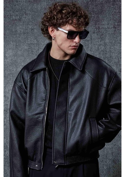 Erkek Boxy Fit Deri Ceket Siyah indirimleri