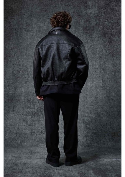 Erkek Boxy Fit Deri Ceket Siyah