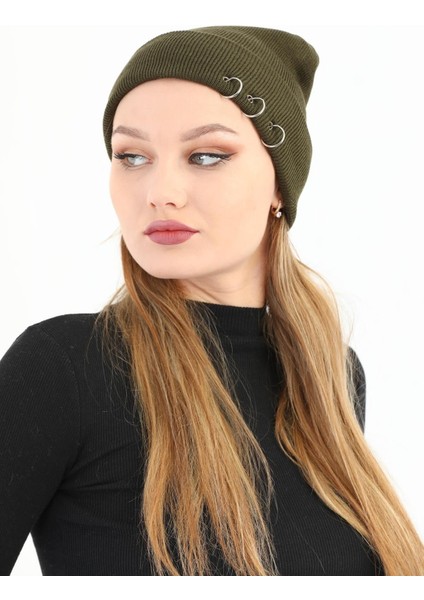 Kadın Haki Piercingli Kışlık Bere