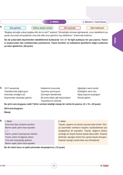 6. Sınıf Tüm Dersler 1. Dönem 1. Yazılı Kitabı modelleri