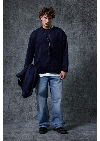 Erkek Yünlü Relax Fit Triko Kazak Lacivert fiyatları