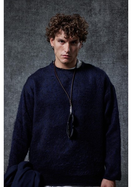 Erkek Yünlü Relax Fit Triko Kazak Lacivert modelleri