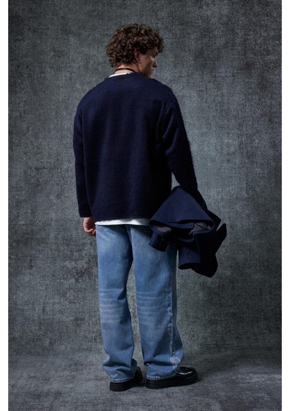 Erkek Yünlü Relax Fit Triko Kazak Lacivert indirimleri