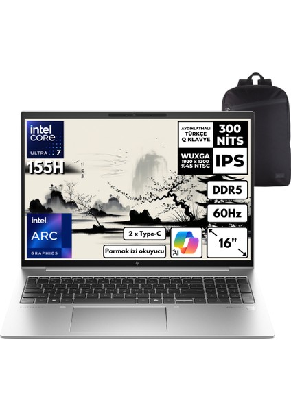 Elitebook 860 G11 Ultra 7-155H 32-Gbddr5 2 Tbssd Intel Arc Graphics 16" Wuxga Windows 11 Pro + Hmf Sırt Çantası 970P0ETHMF8