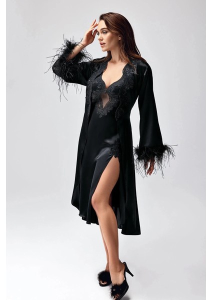 Mdb Freshness 9950-GS Saten Ortişli Gecelik Sabahlık Takım