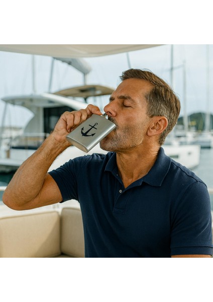 8 Oz- 235 cc Hunili Cep Tipi Kapaklı Çelik Denizci Çapa Temalı Içki Matarası modelleri