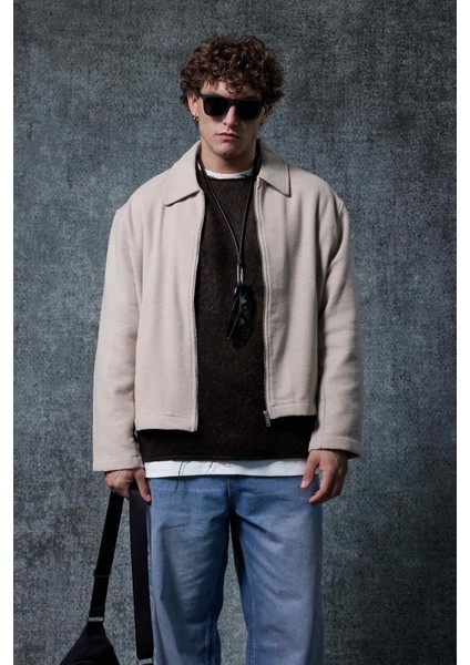 Erkek Oversize Ince Fermuarlı Ceket Bej