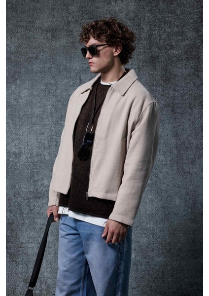 Erkek Oversize Ince Fermuarlı Ceket Bej modelleri
