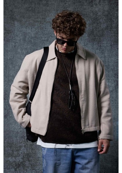 Erkek Oversize Ince Fermuarlı Ceket Bej fırsatları