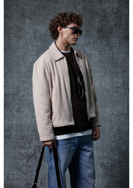 Erkek Oversize Ince Fermuarlı Ceket Bej indirimleri