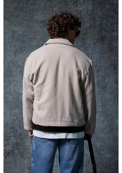 Erkek Oversize Ince Fermuarlı Ceket Bej