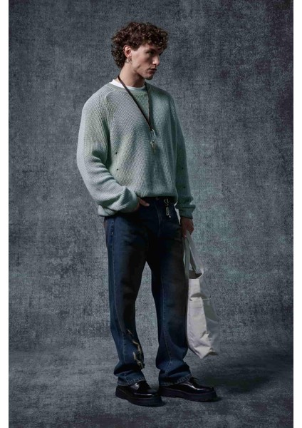 Erkek Oversize Yıkamalı Distressed Triko Kazak Mint fırsatları
