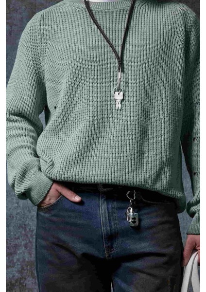 Erkek Oversize Yıkamalı Distressed Triko Kazak Mint indirimleri