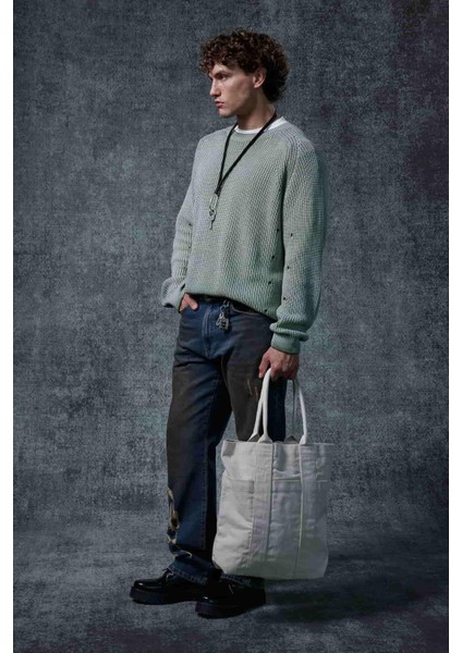 Erkek Oversize Yıkamalı Distressed Triko Kazak Mint