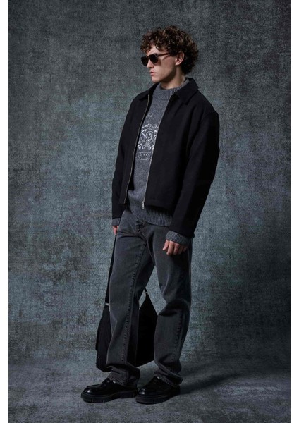 Erkek Oversize Ince Fermuarlı Ceket Siyah modelleri