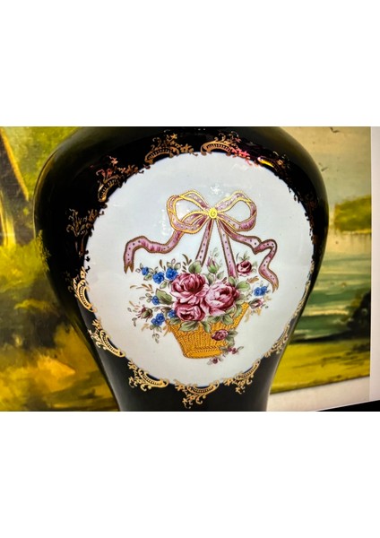 22 cm Boyunda Limoges France 22 K Gold Cobalt Vazo indirimleri