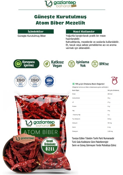 Atom Acı Biber – Kurutulmuş Mezelik Atom Biber 100 gr | Gaziantep Üretimi fiyatları
