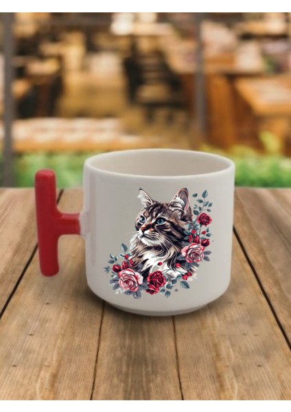 Çiçek ve Kedi Temalı Kahve Bardağı Kupa Bardak - Seramik Çay, Kahve Hediyelik Bardağı