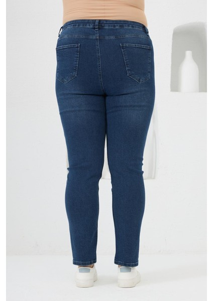 Yanları Taş Baskılı Büyük Beden Kot Pantolon Mavi indirimleri