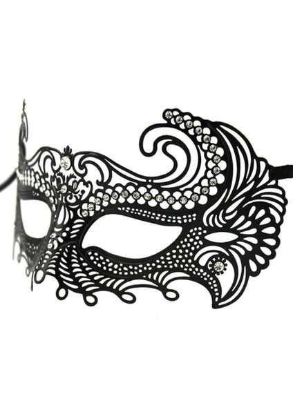 Siyah Renk Lazer Kesim Üzeri Kristal Taşlı Metal Balo Parti Venedik Maskesi