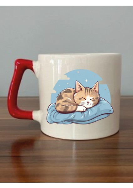 Uyuyan Kedi Kırmızı Kulplu Kupa Bardak - Seramik Çay, Kahve Hediyelik Bardağı