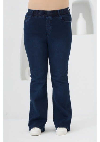 Ispanyol Paça Beli Lastikli Büyük Beden Kot Pantolon Mavi