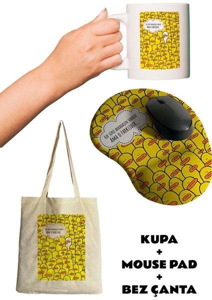 En Başka Arkadaş Baskılı Bilek Destekli Mouse Pad + Kupa Bardak Mug + Bez Çanta