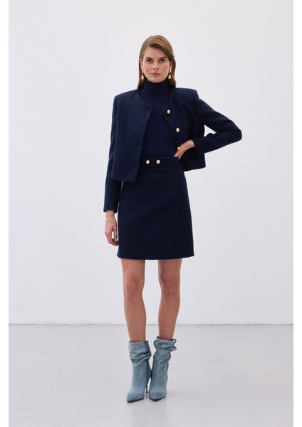 Düğme Detaylı Mini Tüvit Etek - Lacivert