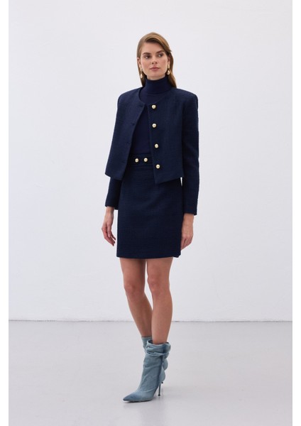 Düğme Detaylı Mini Tüvit Etek - Lacivert