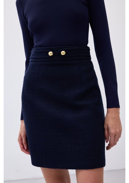 Düğme Detaylı Mini Tüvit Etek - Lacivert