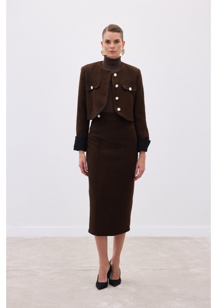 Süs Düğmeli Tüvit Kalem Etek - Kahve fiyatları