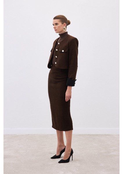 Süs Düğmeli Tüvit Kalem Etek - Kahve modelleri