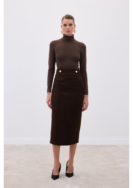 Süs Düğmeli Tüvit Kalem Etek - Kahve fırsatları