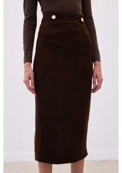 Süs Düğmeli Tüvit Kalem Etek - Kahve indirimleri